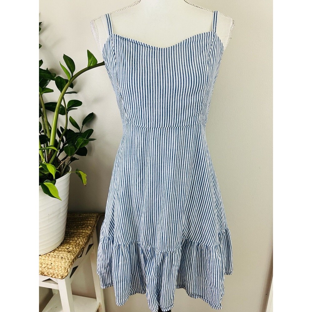 Old Navy Blue & White Striped Cami Dress Fit Flare Ruffle Hem Sun Dress Sz Large